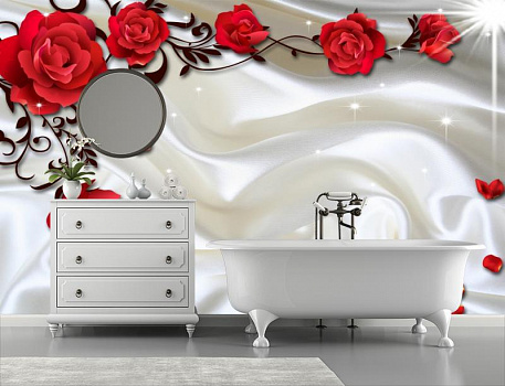 Алые розы на белом шелке в интерьере ванной