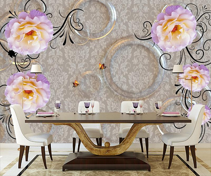 Прозрачные кольца и пышные цветы в интерьере кухни с большим столом