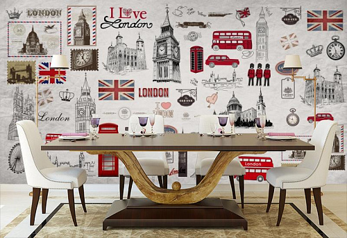 Достопримечательности Лондона  в интерьере кухни с большим столом