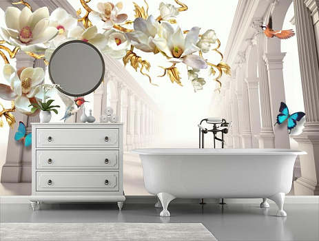 Белые арки с цветами  в интерьере ванной