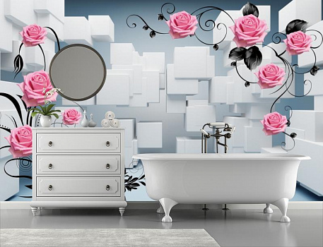 Белые геометрические фигуры с розами в интерьере ванной