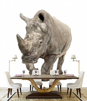 Серый носорог в интерьере кухни с большим столом