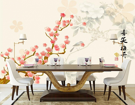 Японский лес в интерьере кухни с большим столом