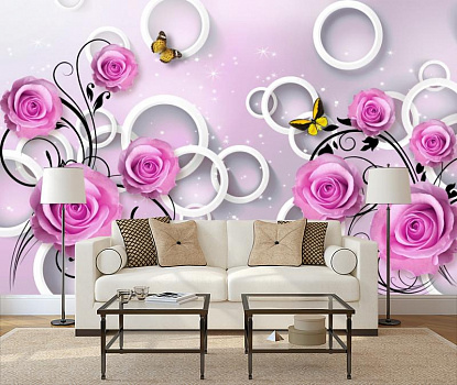 Розовые розы на белых кругах в интерьере гостиной с диваном