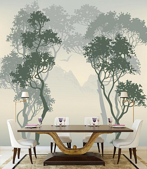 Туманный лес в интерьере кухни с большим столом