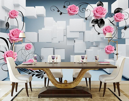 Белые геометрические фигуры с розами в интерьере кухни с большим столом