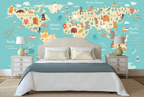Детская карта мира в интерьере спальни