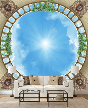 Круглое окно в небо в интерьере гостиной с диваном