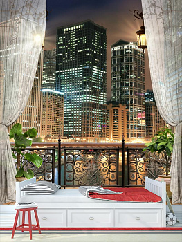 Балкон с видом на ночной город в интерьере детской комнаты мальчика