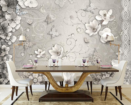Magic flowers серебро в интерьере кухни с большим столом