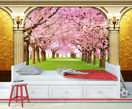 Парк цветущей сакуры в интерьере детской комнаты мальчика