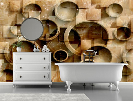 Мраморная стена с кругами в интерьере ванной