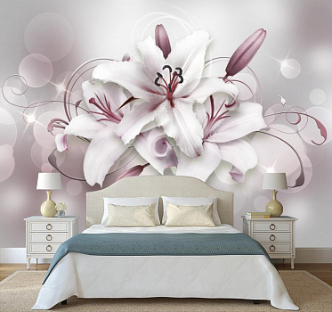 Белые лилии в серебристом цвете   в интерьере спальни