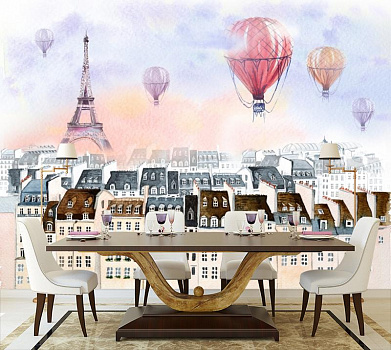 Воздушные шары над городом в интерьере кухни с большим столом