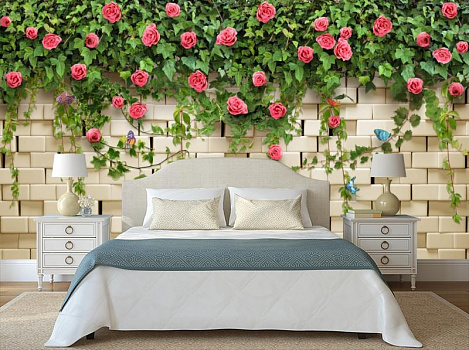Розы на белом кирпиче в интерьере спальни