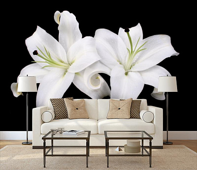 Белые лилии в интерьере гостиной с диваном