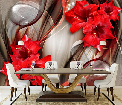 Красные лилии  в интерьере кухни с большим столом