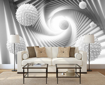 Белые заостренные шары  в интерьере гостиной с диваном