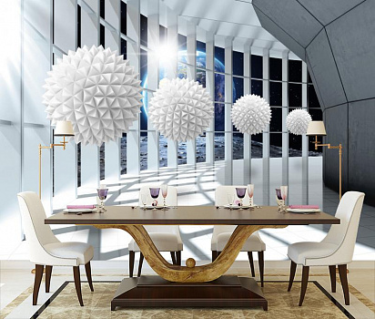 Фантастическая терраса с белыми шарами в космосе в интерьере кухни с большим столом