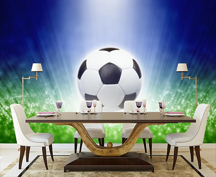 Футбольный мяч в интерьере кухни с большим столом