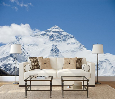 Снежные горы в интерьере гостиной с диваном