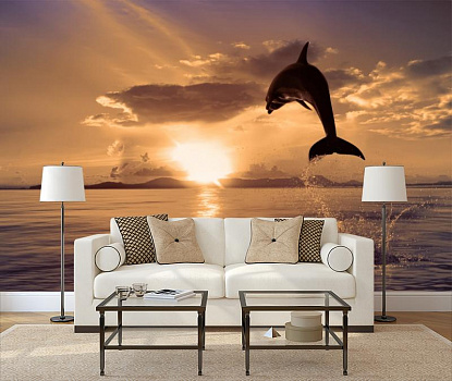 Дельфин на закате в интерьере гостиной с диваном