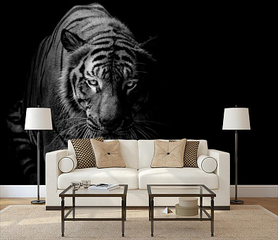 Тигр в темноте в интерьере гостиной с диваном