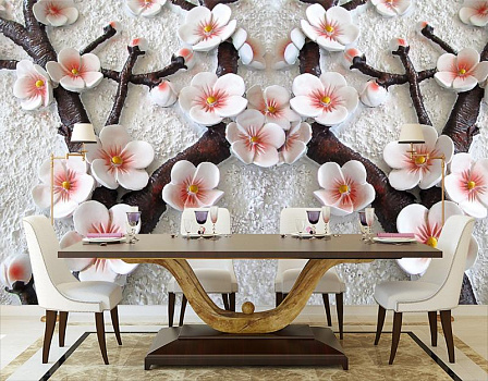 Цветы сакуры  в интерьере кухни с большим столом