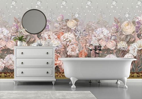 Белые цветы на нежном сером фоне в интерьере ванной