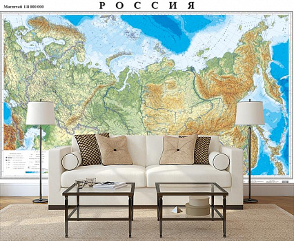 Карта России в интерьере гостиной с диваном