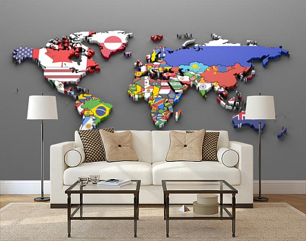Карта мира из флагов стран в интерьере гостиной с диваном
