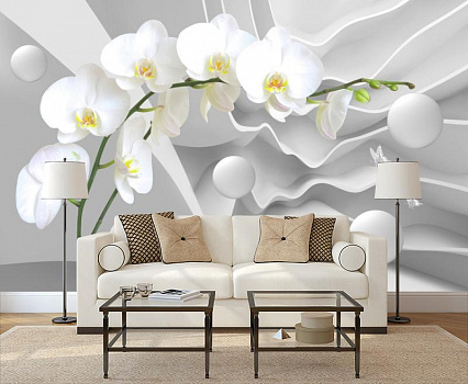 Белая орхидея с шарами в интерьере гостиной с диваном