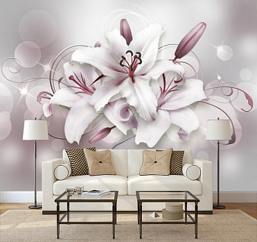 Белые лилии в серебристом цвете   в интерьере гостиной с диваном