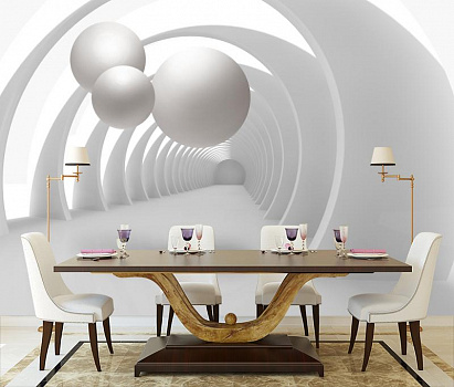 Белые шары в тунеле в интерьере кухни с большим столом