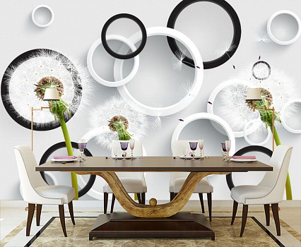 Белые и черные круги с одуванчиками в интерьере кухни с большим столом