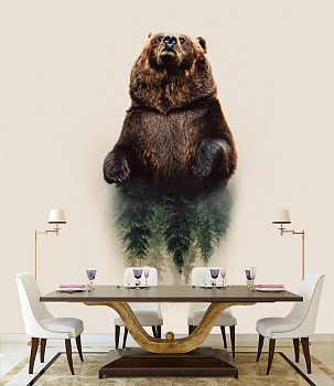 Медведь хозяин тайги  в интерьере кухни с большим столом