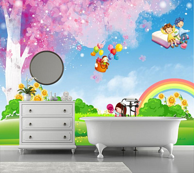 Дети в яркой сказке в интерьере ванной