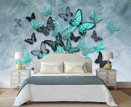 Бирюзовые бабочки на стене в интерьере спальни