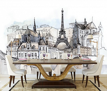 Набросок Эйфелевой башни в Париже в интерьере кухни с большим столом