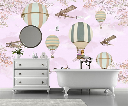 Воздушные шары на розовом небе в интерьере ванной