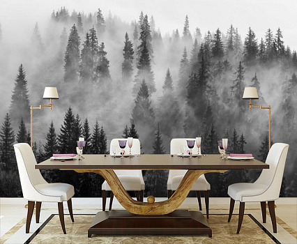 Туман в еловом лесу в интерьере кухни с большим столом