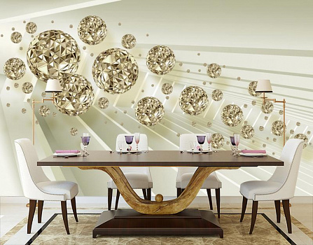 Зеркальные шары в интерьере кухни с большим столом