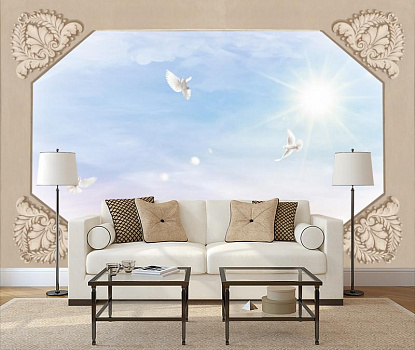 Белые голуби в небе в интерьере гостиной с диваном