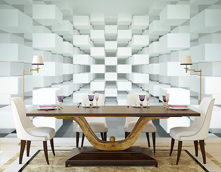 Белые кубы в интерьере кухни с большим столом
