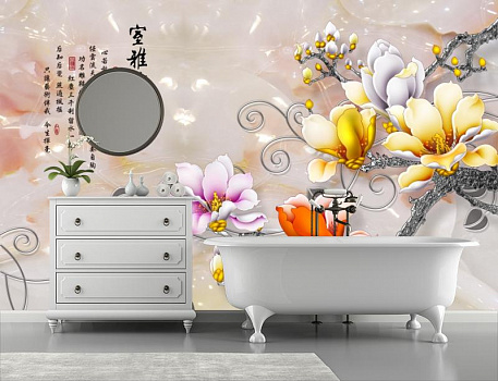 Китайская цветущая ветвь  в интерьере ванной