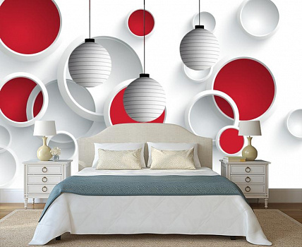 Полосатые шары в красных кругах в интерьере спальни