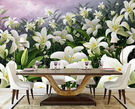 Белые лилии во мгле ночи  в интерьере кухни с большим столом