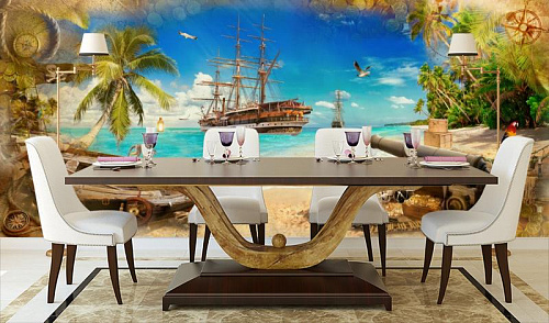Остров пиратских кораблей в интерьере кухни с большим столом