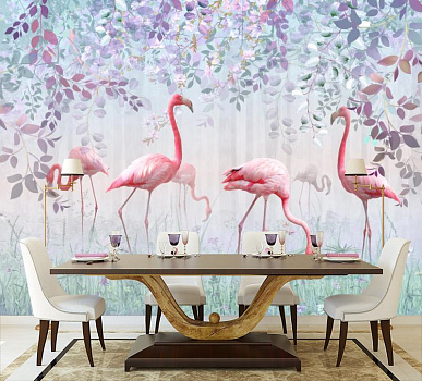 Розовые фламинго на прогулке в интерьере кухни с большим столом