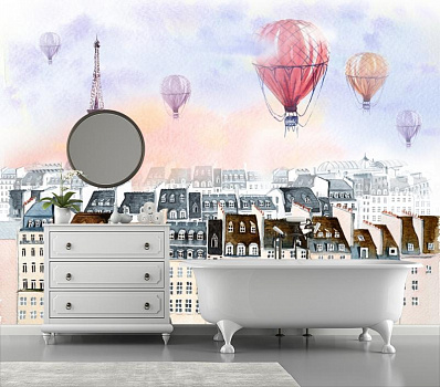 Воздушные шары над городом в интерьере ванной